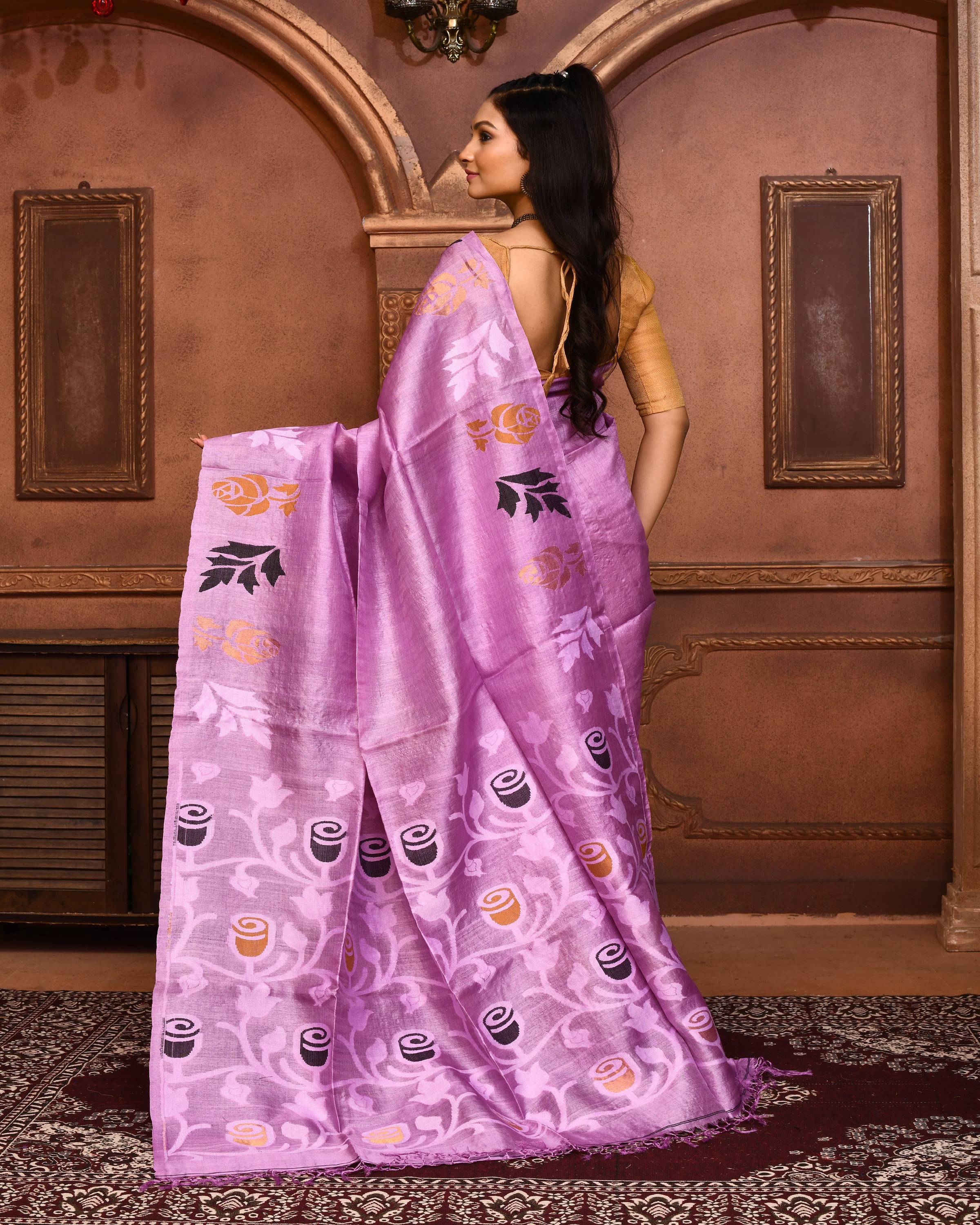 Piyari Fashion Purple Tussar Silk Jamdani Saree With Blouse Piece