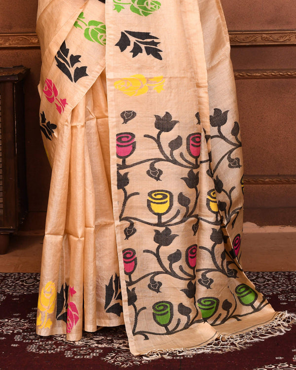 Piyari Fashion Beige Tussar Silk Jamdani Saree With Blouse Piece