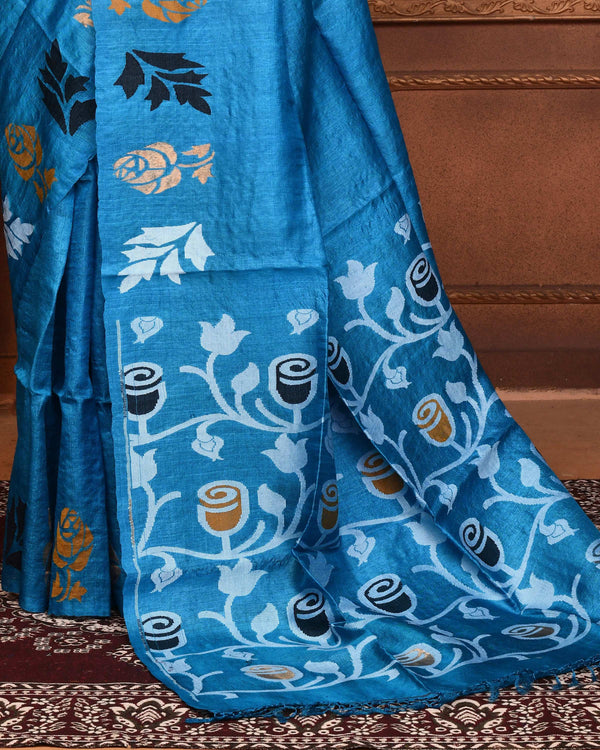 Piyari Fashion Turquoise Blue Tussar Silk Jamdani Saree With Blouse Piece