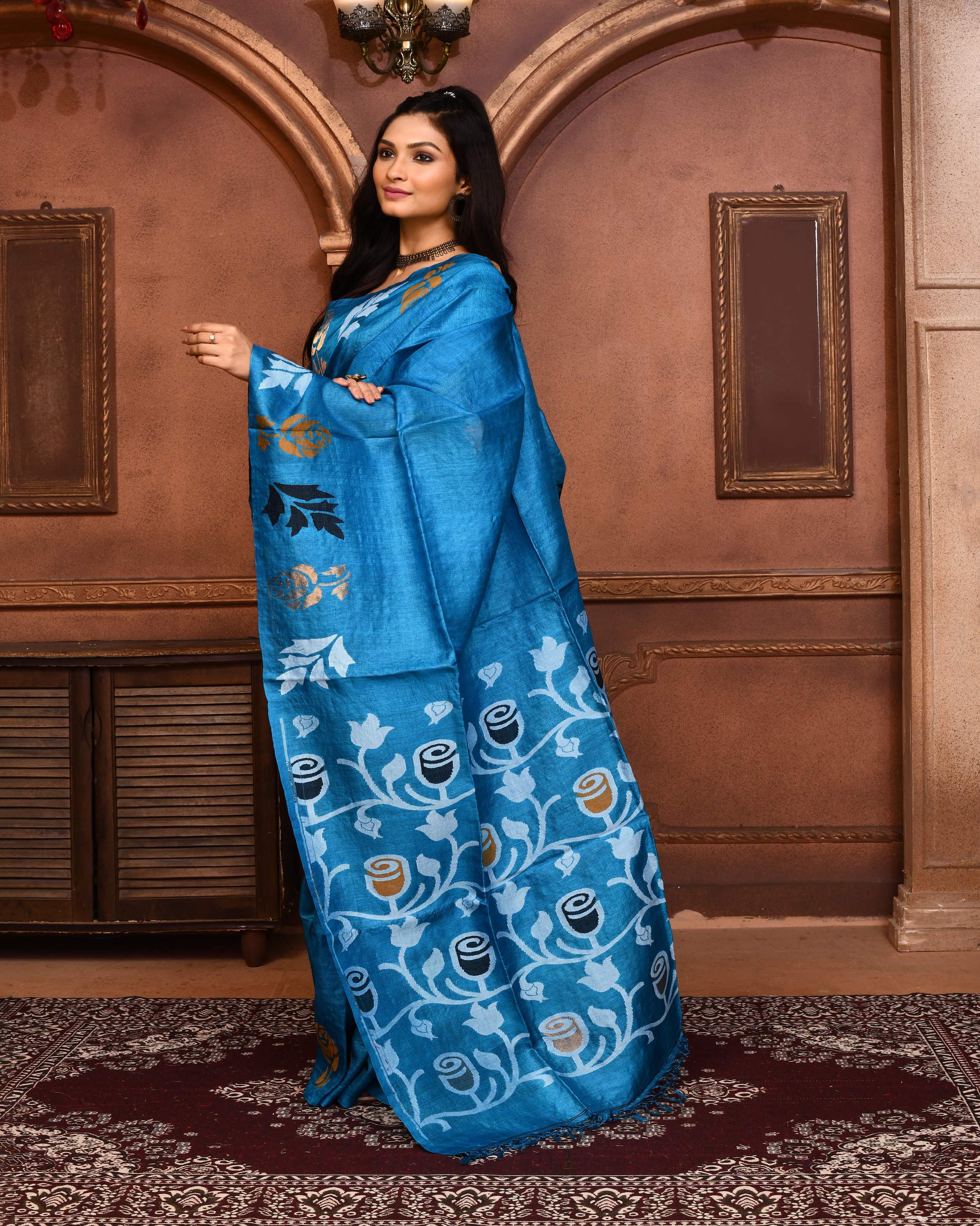 Piyari Fashion Turquoise Blue Tussar Silk Jamdani Saree With Blouse Piece