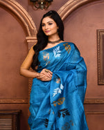 Thumbnail for Piyari Fashion Turquoise Blue Tussar Silk Jamdani Saree With Blouse Piece