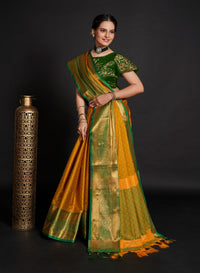 Thumbnail for NOZ2TOZ Women Yellow Lichi Soft Silk Weaving Work Saree With Unstitched Blouse