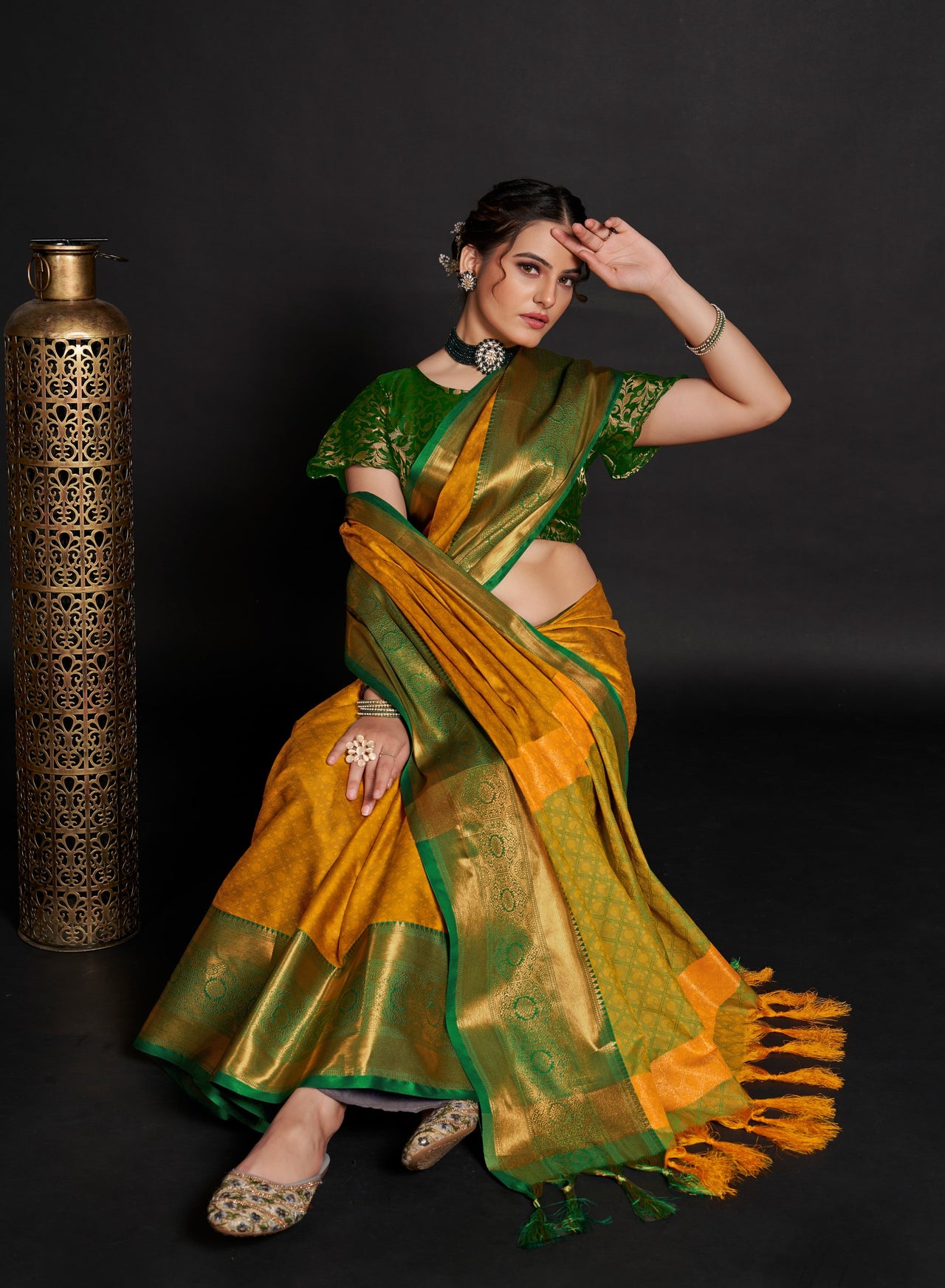 NOZ2TOZ Women Yellow Lichi Soft Silk Weaving Work Saree With Unstitched Blouse