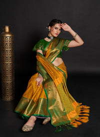 Thumbnail for NOZ2TOZ Women Yellow Lichi Soft Silk Weaving Work Saree With Unstitched Blouse