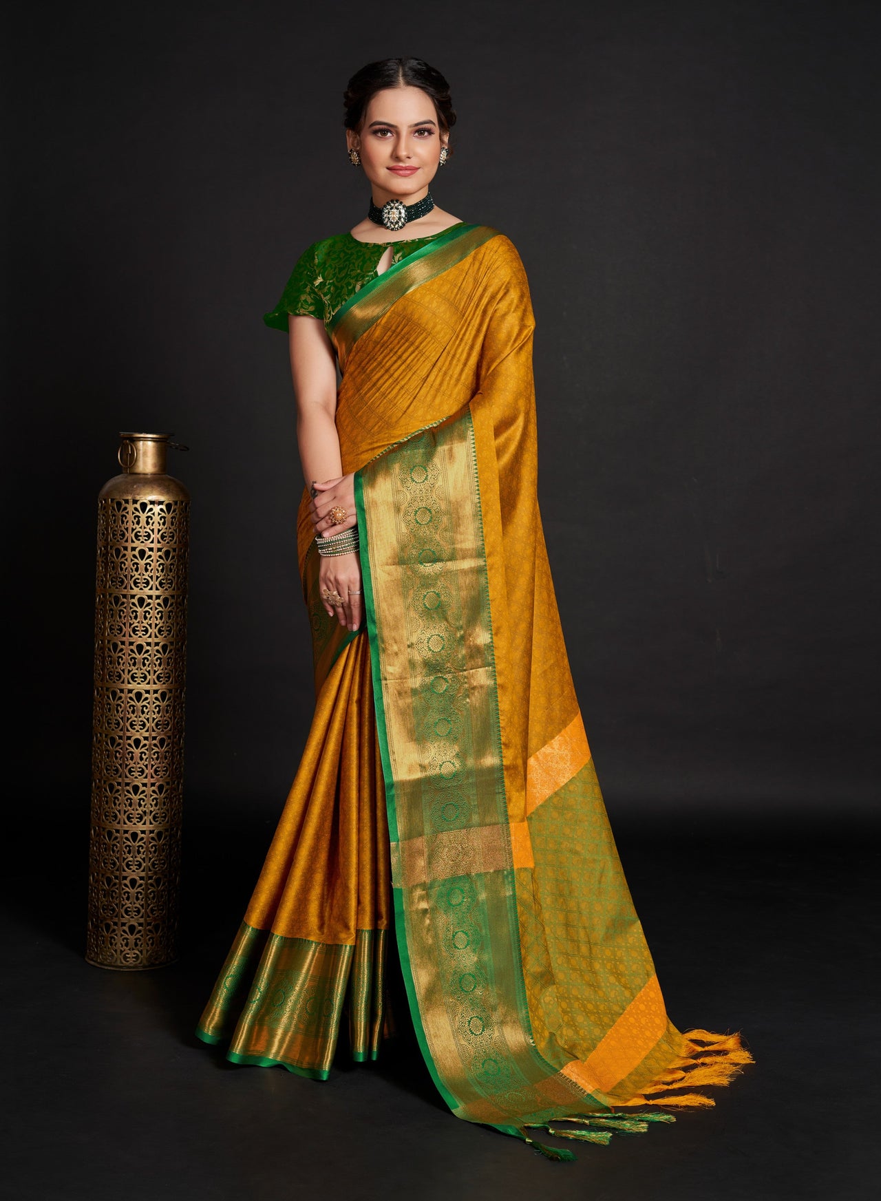 NOZ2TOZ Women Yellow Lichi Soft Silk Weaving Work Saree With Unstitched Blouse