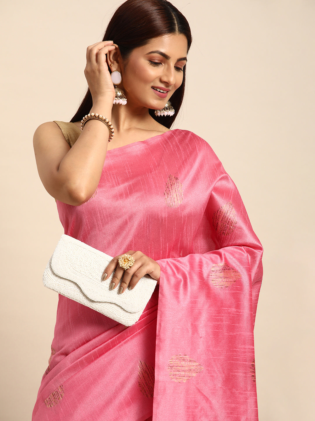NOZ2TOZ Women Baby-Pink Handloom Raw Silk Woven Butti With Woven Pallu Beautiful Designer Saree
