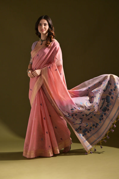 NOZ2TOZ Women Pink Muga Cotton Cow With Flower Design With Butti Weaves Beautiful Designer Saree
