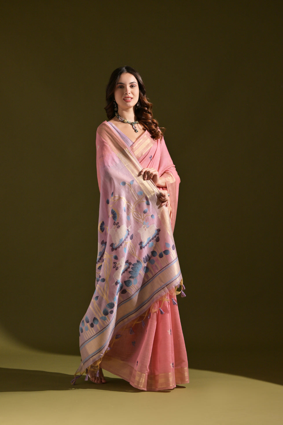 NOZ2TOZ Women Pink Muga Cotton Cow With Flower Design With Butti Weaves Beautiful Designer Saree