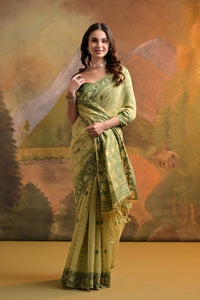 Thumbnail for NOZ2TOZ Women Pista Muga Cotton Thread Woven Saree With All Over Butti Weaves Beautiful Designer Saree