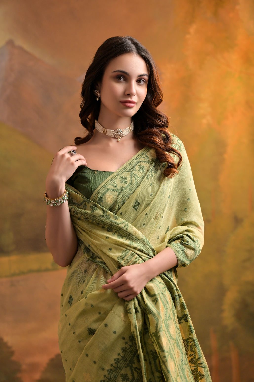 NOZ2TOZ Women Pista Muga Cotton Thread Woven Saree With All Over Butti Weaves Beautiful Designer Saree