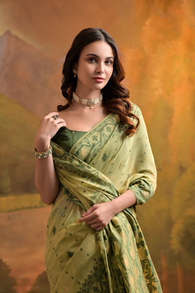 NOZ2TOZ Women Pista Muga Cotton Thread Woven Saree With All Over Butti Weaves Beautiful Designer Saree