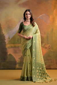 Thumbnail for NOZ2TOZ Women Pista Muga Cotton Thread Woven Saree With All Over Butti Weaves Beautiful Designer Saree