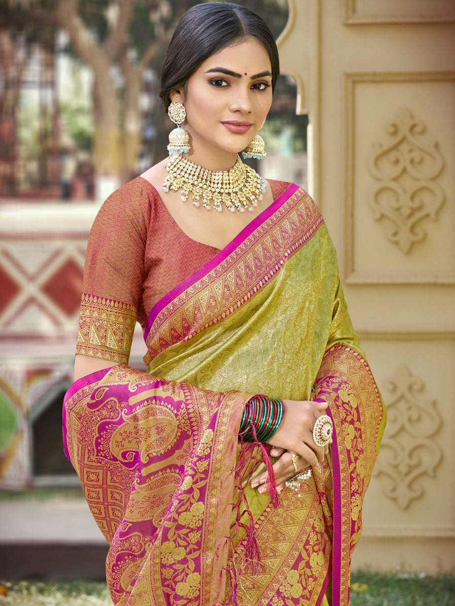 NOZ2TOZ Women Mehndi Banarasi Silk Weaving Work Beautiful Designer Saree