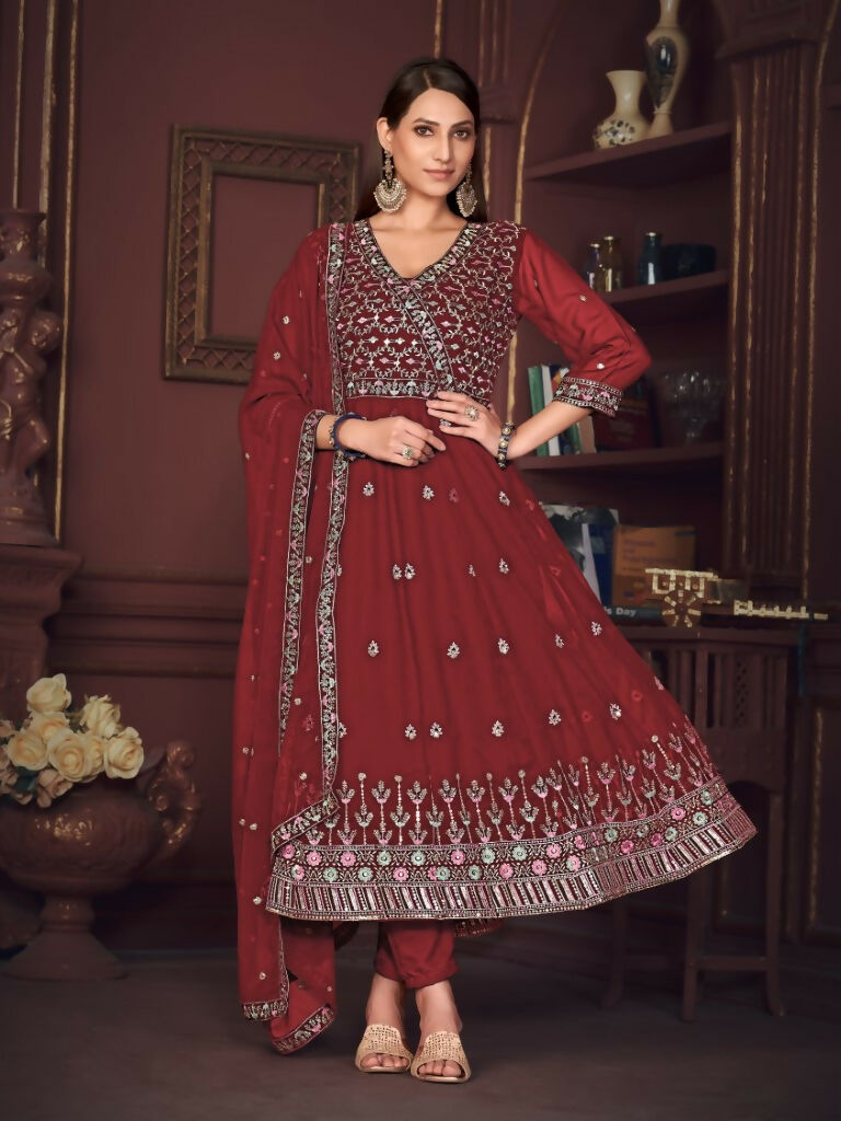 Jyoti Fashion Women's Maroon Georgette Embroidered Anarkali Kurta Pant Set With Dupatta