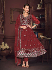 Thumbnail for Jyoti Fashion Women's Maroon Georgette Embroidered Anarkali Kurta Pant Set With Dupatta
