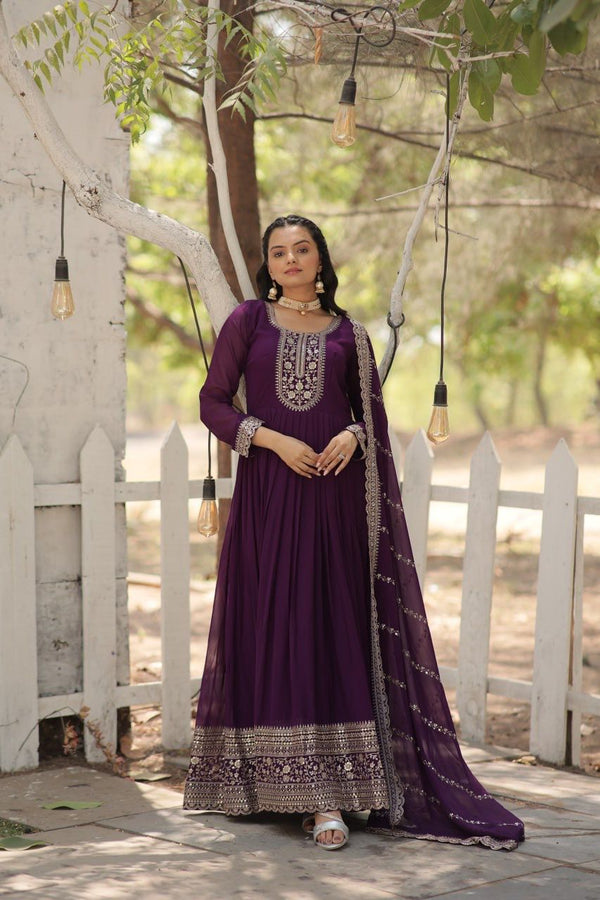 Evanik Purple Faux Blooming Gown with Dupatta With Attractive Embroidered Sequins work