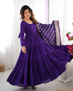 Thumbnail for Evanik Purple Pure Roman Silk Chanderi With Fully Flair Anarkali Pant With Dupatta