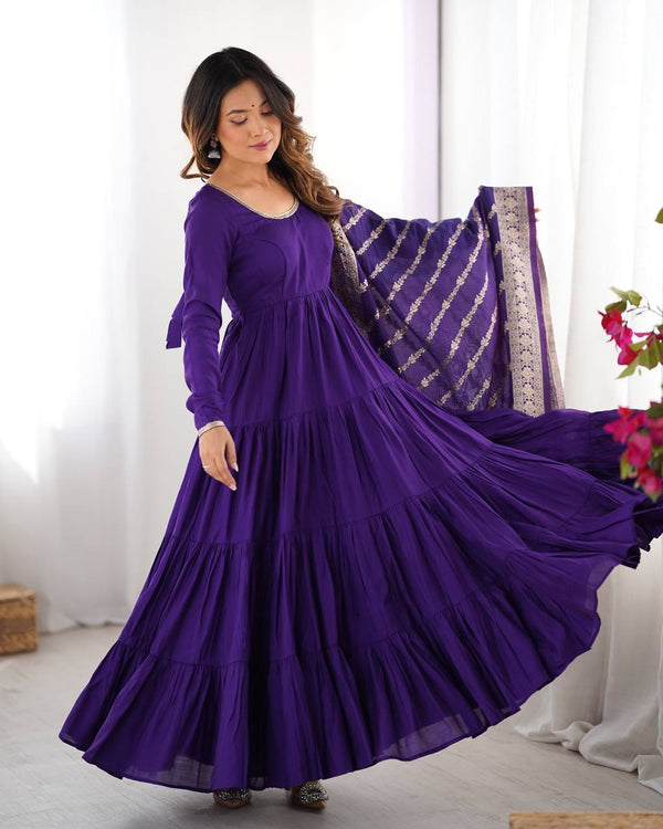 Evanik Purple Pure Roman Silk Chanderi With Fully Flair Anarkali Pant With Dupatta