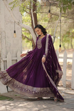 Thumbnail for Evanik Purple Faux Blooming Gown with Dupatta With Attractive Embroidered Sequins work