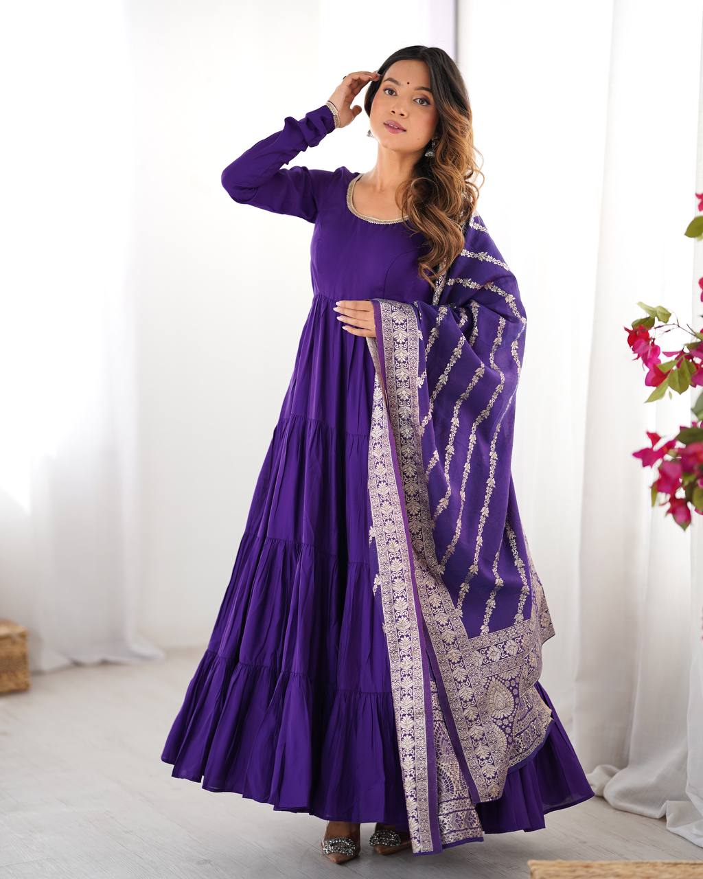 Evanik Purple Pure Roman Silk Chanderi With Fully Flair Anarkali Pant With Dupatta