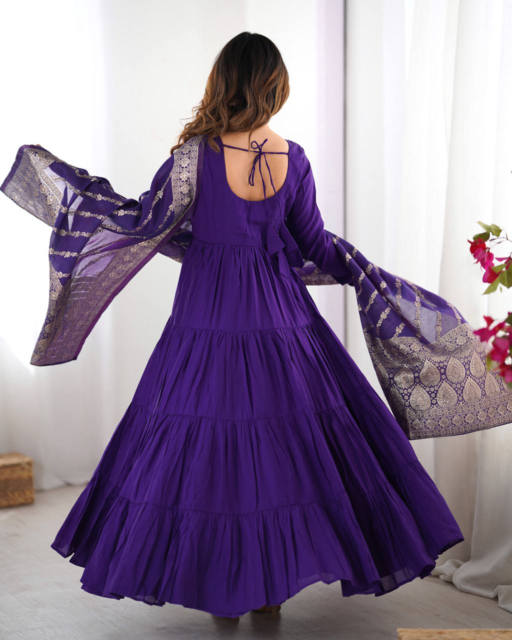 Evanik Purple Pure Roman Silk Chanderi With Fully Flair Anarkali Pant With Dupatta