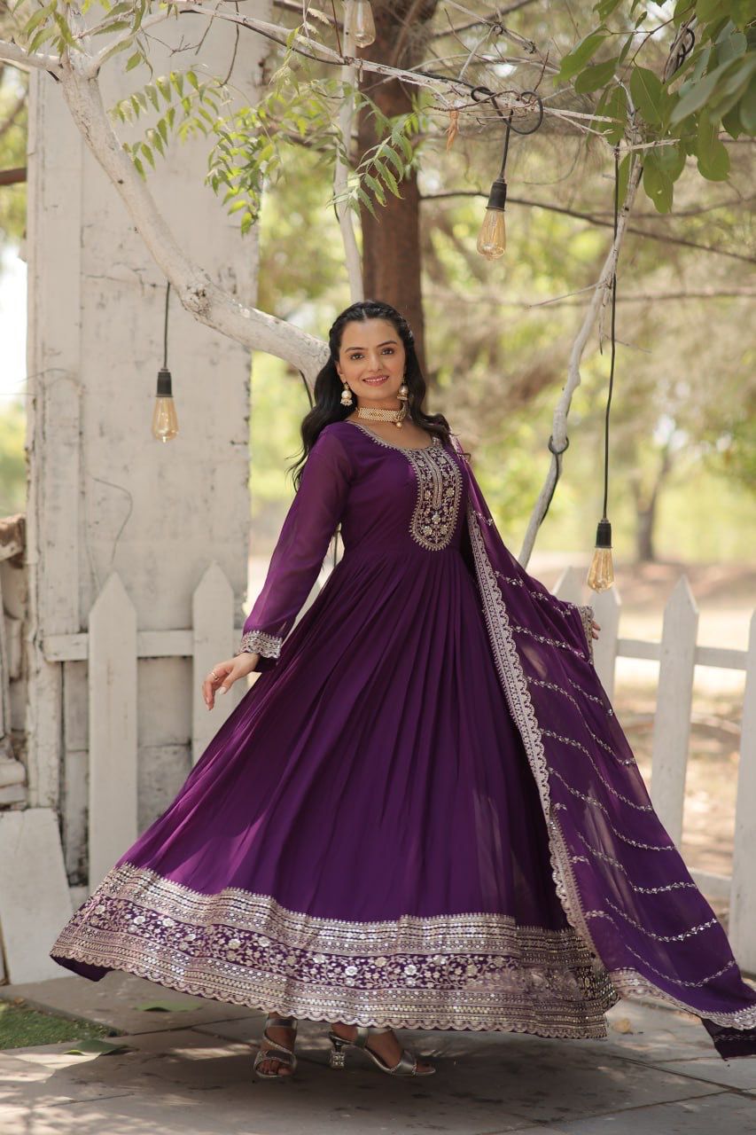 Evanik Purple Faux Blooming Gown with Dupatta With Attractive Embroidered Sequins work