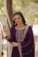 Thumbnail for Evanik Purple Faux Blooming Gown with Dupatta With Attractive Embroidered Sequins work