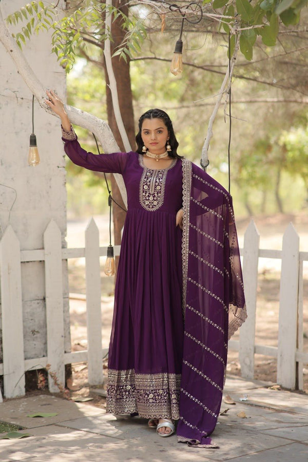 Evanik Purple Faux Blooming Gown with Dupatta With Attractive Embroidered Sequins work