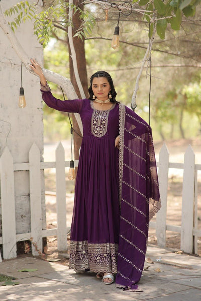 Evanik Purple Faux Blooming Gown with Dupatta With Attractive Embroidered Sequins work