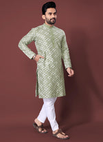 Thumbnail for Prazu Fashion Light Pista Silk Embroidered Thread Work Kurta