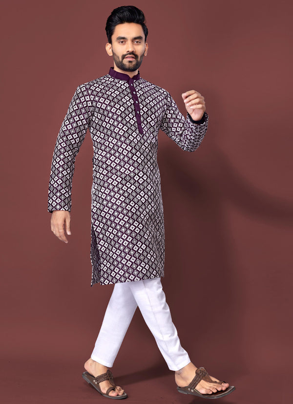 Prazu Fashion Wine Silk Embroidered Thread Work Kurta
