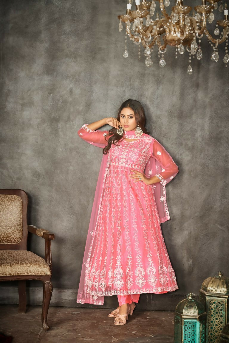 Jyoti Fashion Women's Baby Pink Net Embroidered Anarkali Kurta Pant Set With Dupatta