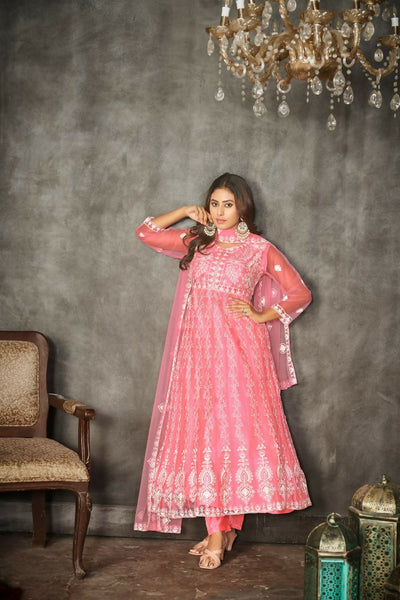 Jyoti Fashion Women's Baby Pink Net Embroidered Anarkali Kurta Pant Set With Dupatta