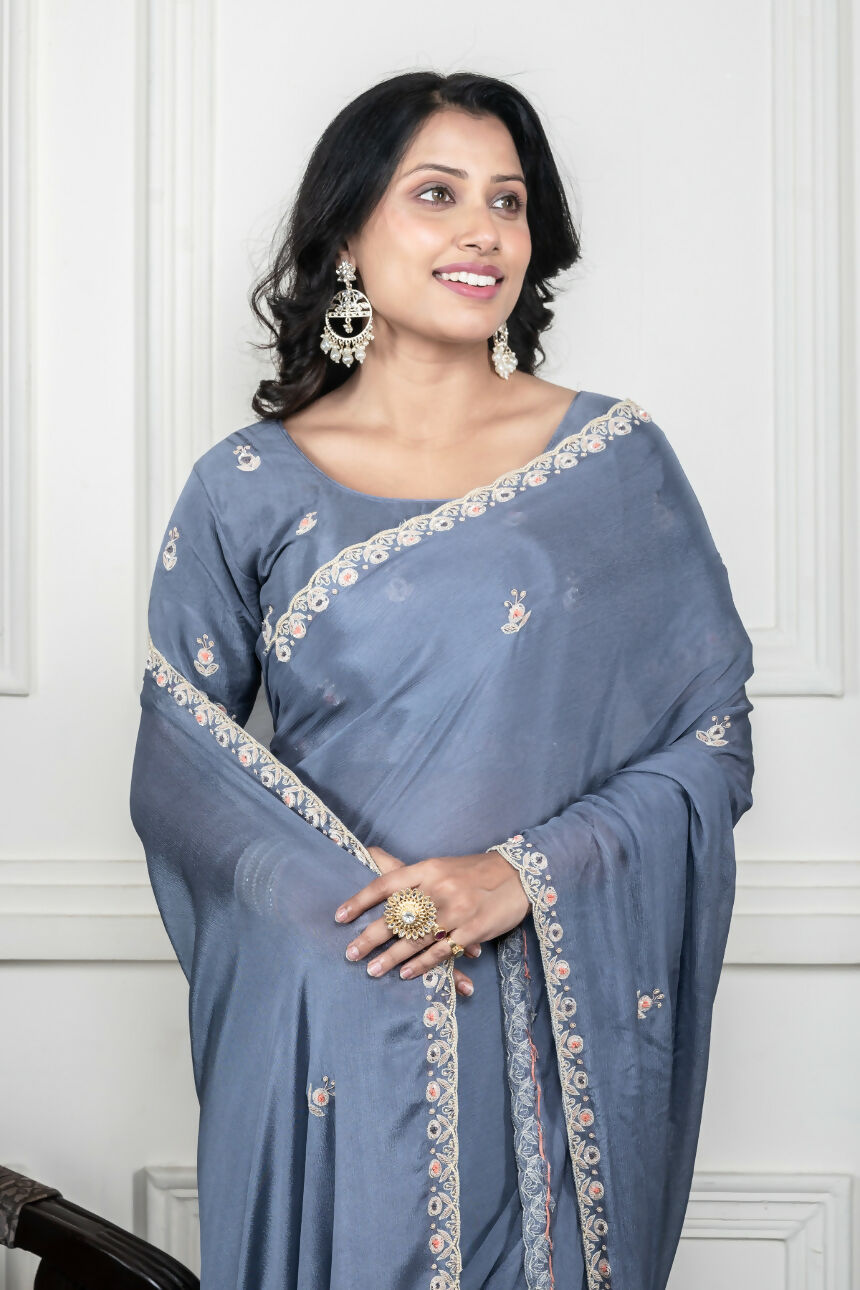 Morchari Grey Chiffon Hand Embroidery Saree And Stitched Blouse