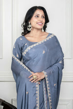 Thumbnail for Morchari Grey Chiffon Hand Embroidery Saree And Stitched Blouse
