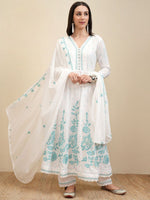 Thumbnail for Vishudh White Embroidered Pure Cotton Anarkali Panelled Kurta With Trousers & Dupatta - Distacart