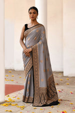 Thumbnail for Joban Fashion Grey Crepe Chiffon Pure Handloom Banarasi Silk Saree