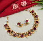 Thumbnail for Jewel City Antique Gold Ruby Green Floral Choker Set - Adjustable Designer Necklace with Pearl Tassels - Traditional Indian Wedding Jewelry Collection