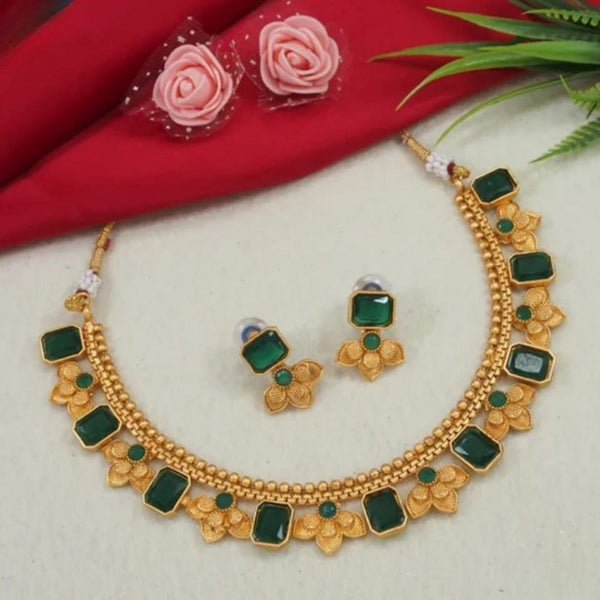 Jewel City Antique Gold Emerald Green Floral Choker Set - Adjustable Designer Necklace with Pearl Tassels