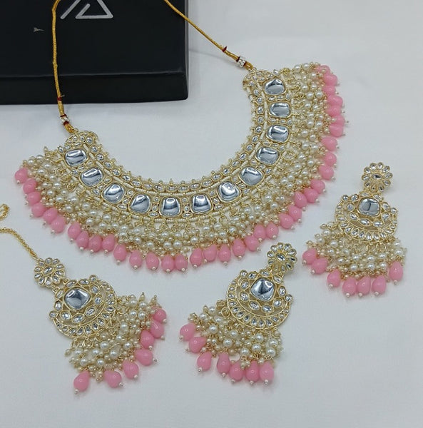Jewel City Luxurious Kundan Choker Set with Pearl and Pink Bead Accents - Traditional Indian Bridal Jewelry