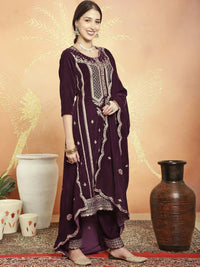 Thumbnail for Aastha Fashion Women's Wine Velvet Cording with Resham Thread & Sequin Kurta with Trouser & Dupatta - Distacart