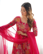 Thumbnail for Lorenvalley Women Pure Soft Roman silk Chanderi Discharge Print Fabric Kediya Kurta Palazzo with Dupatta Set - Ranipink - Distacart