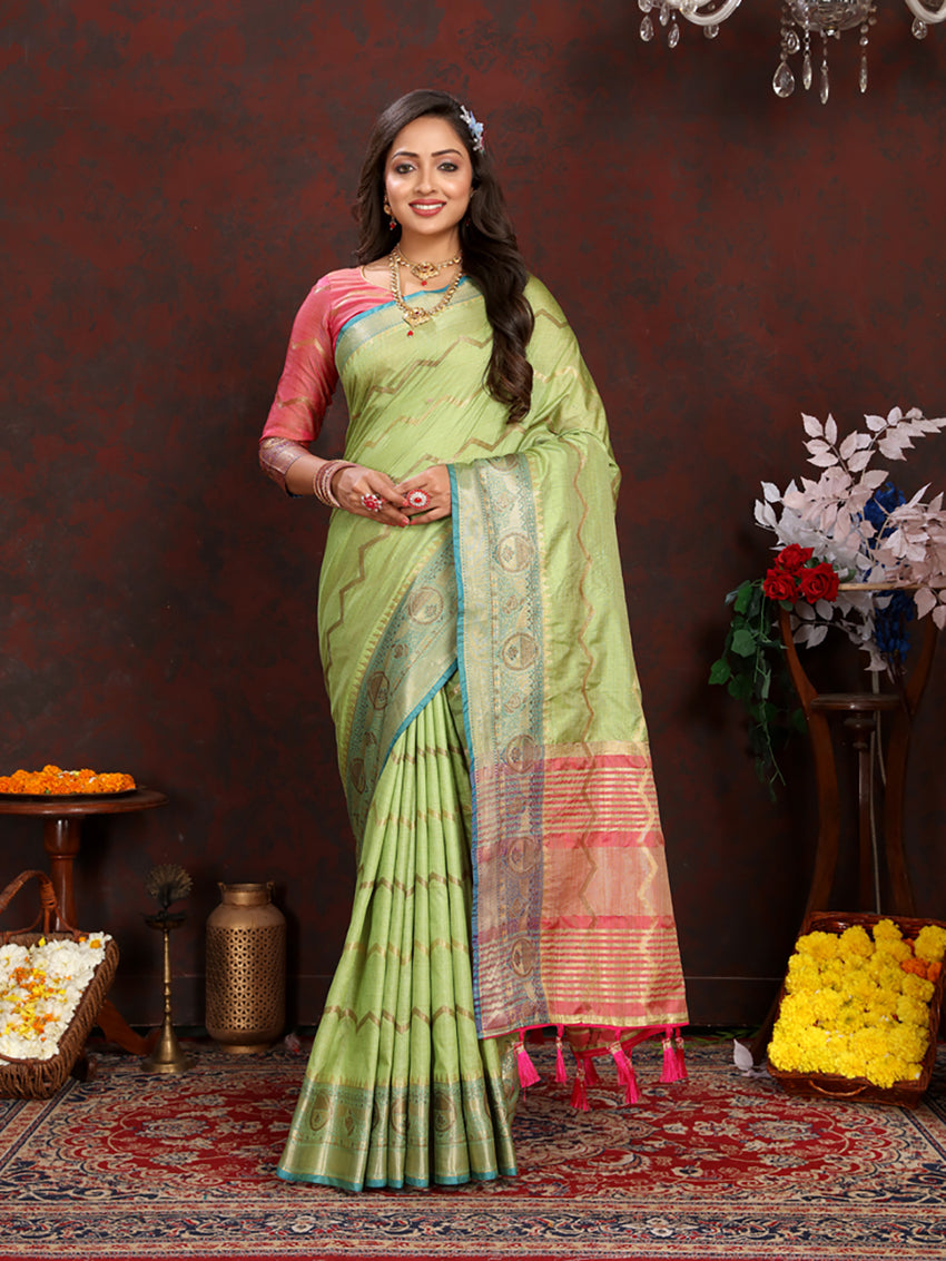 Lorenvalley Fashion Parotgreen Soft Katan Silk Woven Design Zari Weaving Pallu Saree