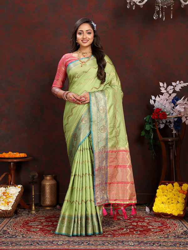 Lorenvalley Fashion Parotgreen Soft Katan Silk Woven Design Zari Weaving Pallu Saree - Distacart