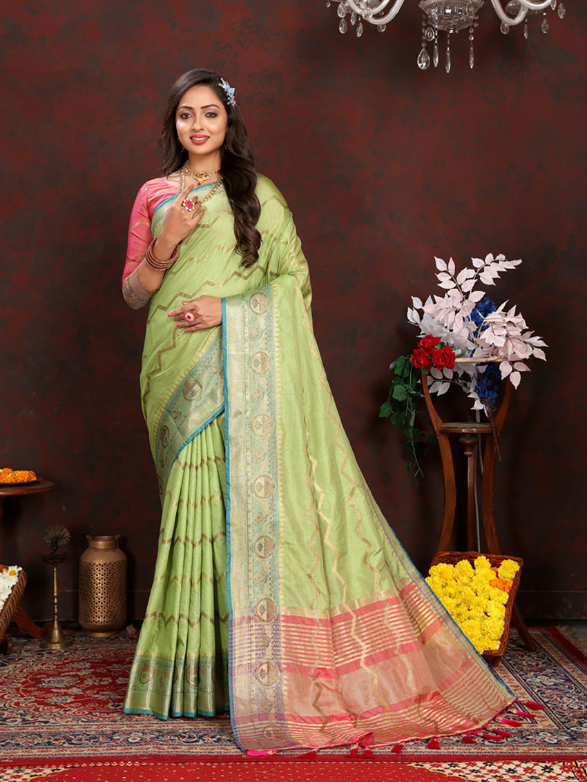 Lorenvalley Fashion Parotgreen Soft Katan Silk Woven Design Zari Weaving Pallu Saree
