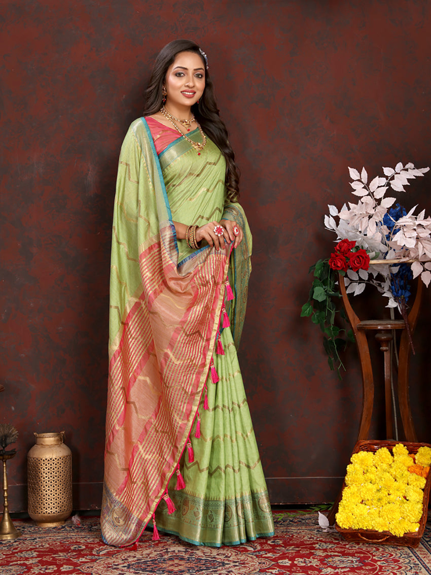 Lorenvalley Fashion Parotgreen Soft Katan Silk Woven Design Zari Weaving Pallu Saree