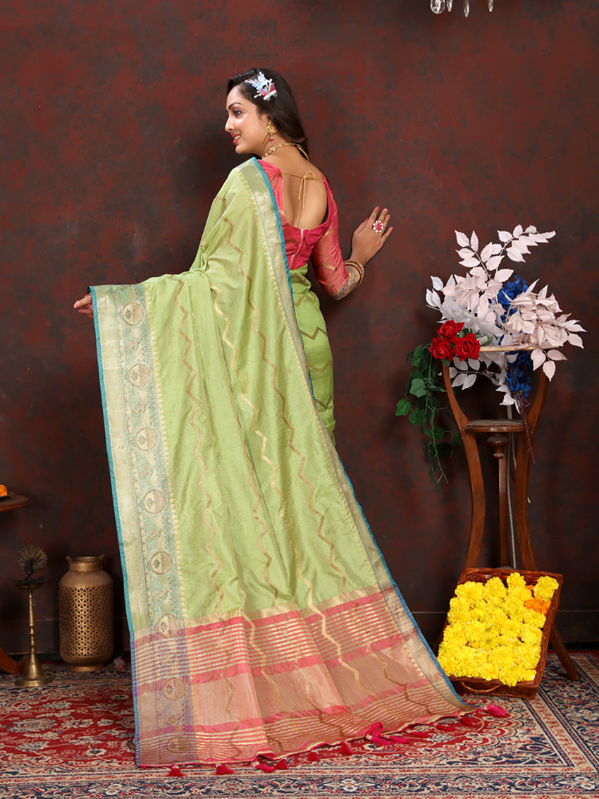 Lorenvalley Fashion Parotgreen Soft Katan Silk Woven Design Zari Weaving Pallu Saree