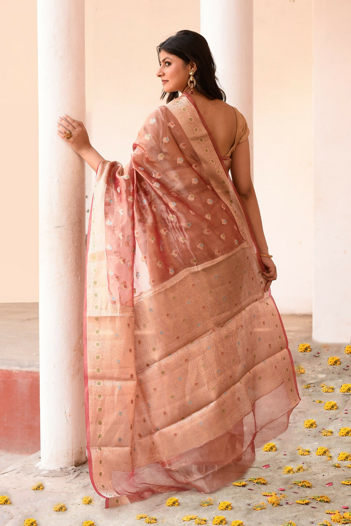 Joban Fashion Rose Gold Pure Banarasi Tissue Saree
