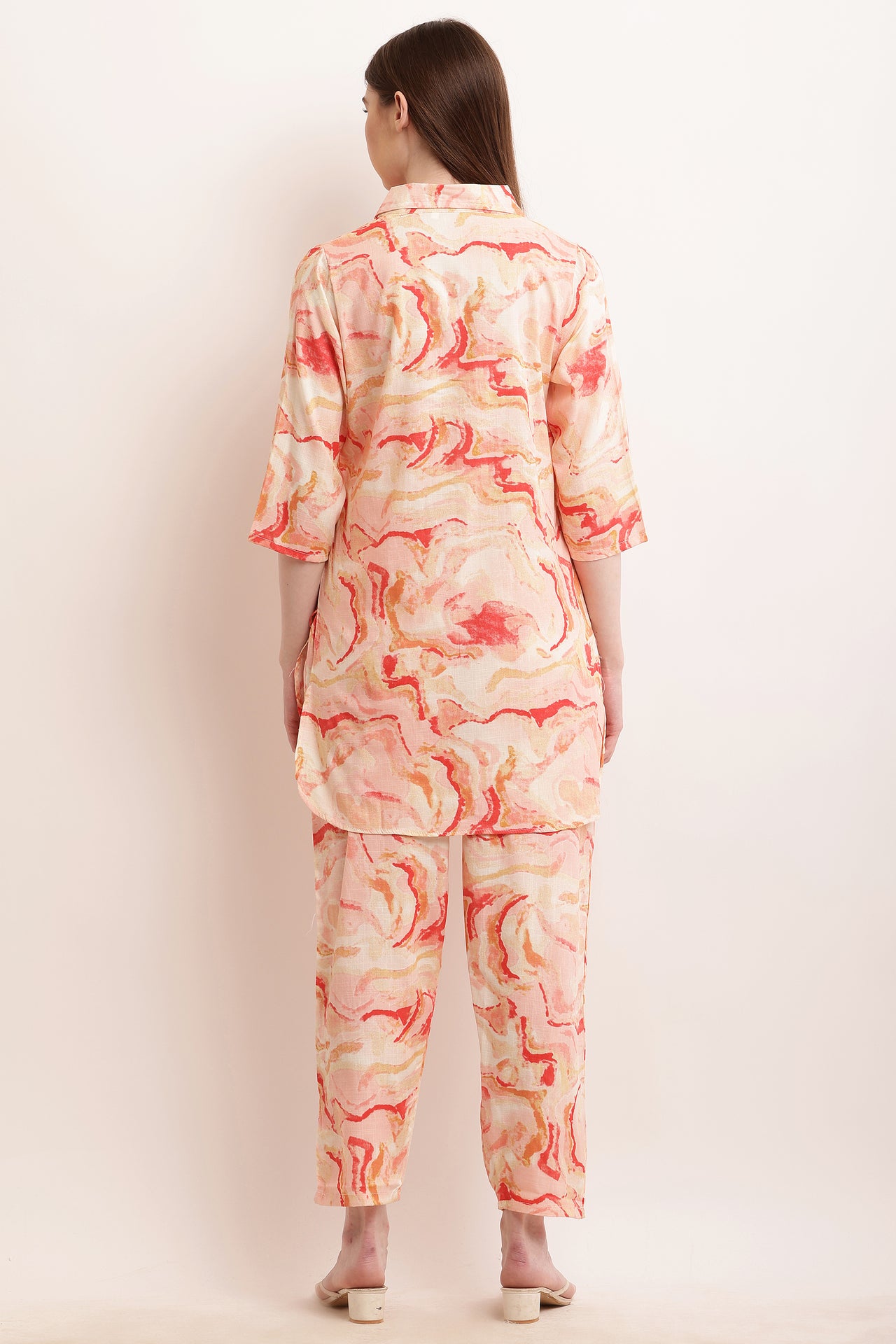 PAVONINE Peach Color Ted-Dye Printed Cord Set For Women