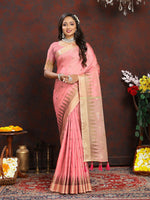 Thumbnail for Lorenvalley Fashion Peach Soft Katan Silk Woven Design Zari Weaving Pallu Saree - Distacart